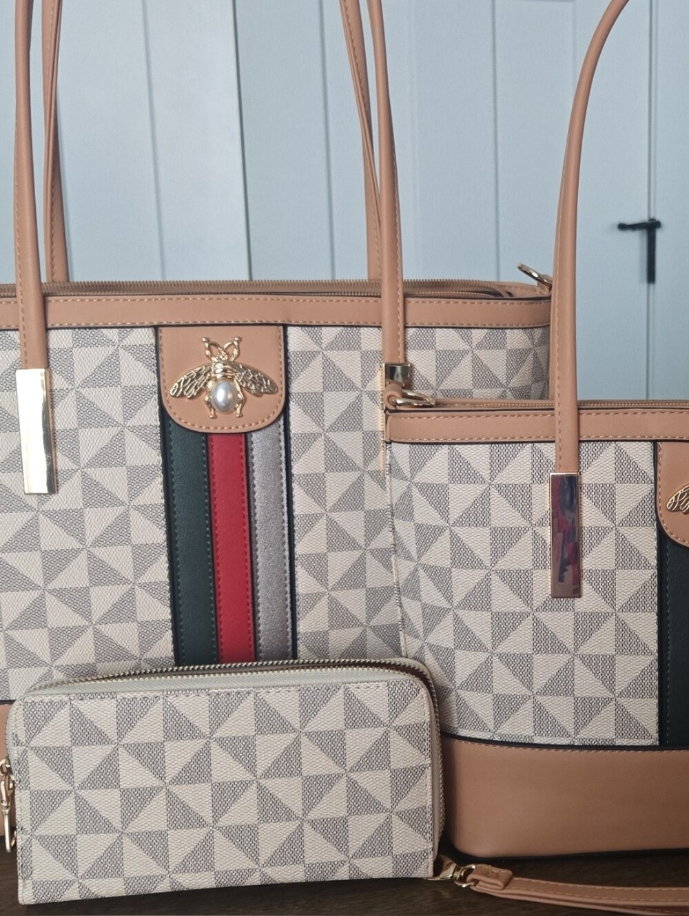 Set Of Three Beige Geometric Tote Bag with Tan Trim and Bee Accent
